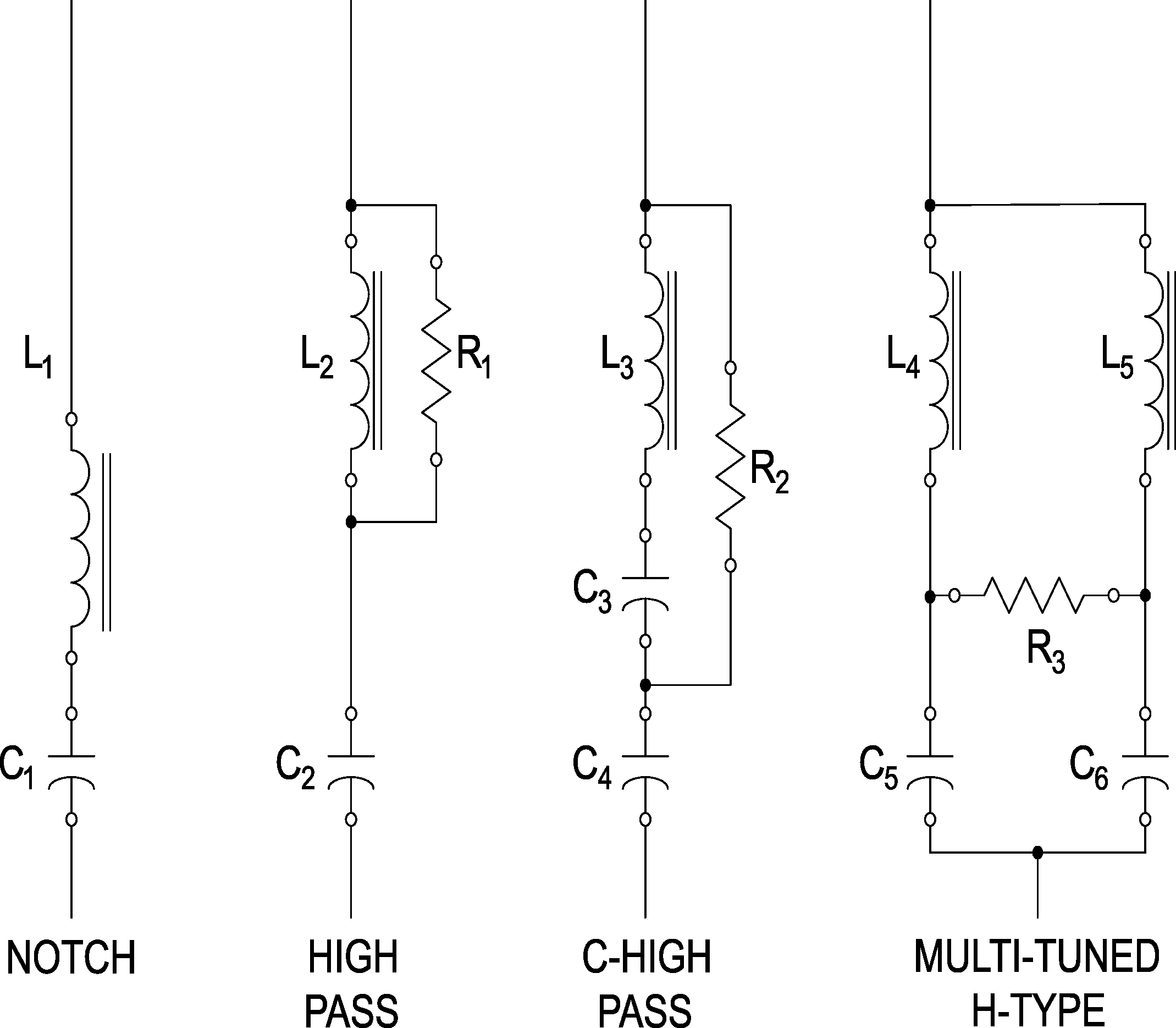 Harmonic filter topologies: notch, high-pass, C-high-pass, and H-type filters